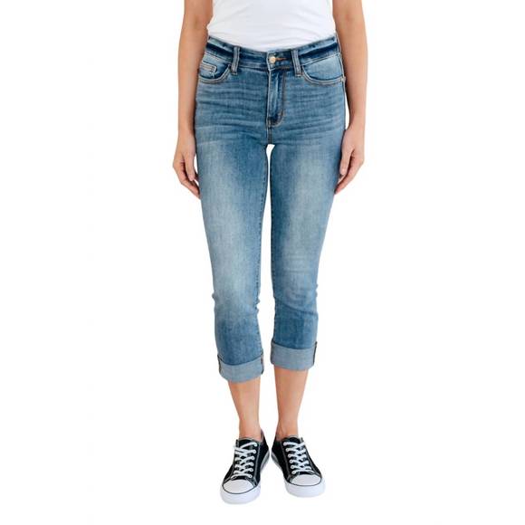 NEW JUDY BLUE mid rise cuffed skinny capri jeans in medium wash - Picture 1 of 3